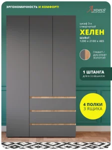 Распашной шкаф 3-х створчатый Хелен ШК 06 в спальню дуб золотой крафт/графит Санкт-Петербург